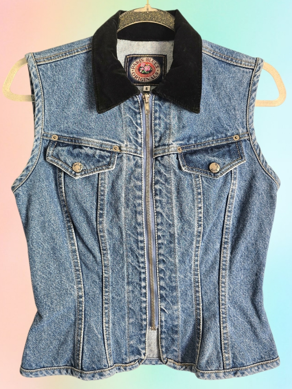 🖤90's Velvet Collar Bodycon Tailored Zip Denim Vest By Paris Blues🖤
